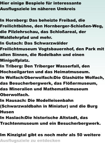 Hier einige Bespiele für interessante Ausflugsziele im näheren Umkreis   In Hornberg: Das beheizte Freibad, die Freilichtbühne, den Hornberger-Schießen-Weg, die Pilzlehrschau, das Schloßareal, der Waldlehrpfad und mehr. In Gutach: Das Schwarzwälder Freilichtmuseum Vogtsbauernhof, den Park mit allen Sinnen, die Rodelbahn und einen Minigolfplatz.  In Triberg: Den Triberger Wasserfall, den Hochseilgarten und das Heimatmuseum. In Wolfach/Oberwolfach:Die Glashütte Wolfach, das Besucherbergwerk, das Flößermuseum, das Mineralien und Mathematikmuseum Oberwolfach. In Hausach: Die Modelleisenbahn (Schwarzwaldbahn in Miniatur) und die Burg Husen In Haslach:Die historische Altstadt, das Trachtenmuseum und ein Besucherbergwerk.  Im Kinzigtal gibt es noch mehr als 50 weitere Ausflugsziele zu entdecken